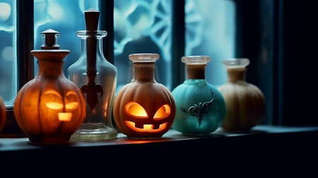 Halloween pumpkin with an evil carved muzzle in a festive interior, Witch's Night or All Saints' Eve. Vegetable jack lantern decoration. Hand crafted from food, carving.の素材