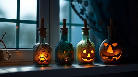 Halloween pumpkin with an evil carved muzzle in a festive interior, Witch's Night or All Saints' Eve. Vegetable jack lantern decoration. Hand crafted from food, carving.の素材