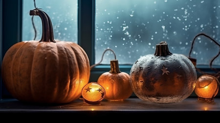 Halloween pumpkin with an evil carved muzzle in a festive interior, Witch's Night or All Saints' Eve. Vegetable jack lantern decoration. Hand crafted from food, carving.の素材