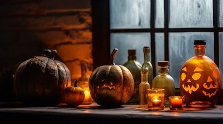 Halloween pumpkin with an evil carved muzzle in a festive interior, Witch's Night or All Saints' Eve. Vegetable jack lantern decoration. Hand crafted from food, carving.の素材