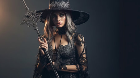 Beautiful witch style girl in gothic clothes with a staff. Witch's Night or All Saints' Eve. Concept: mysticism, game characters, halloween. Generative AIの素材