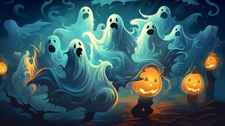 Ghosts in the graveyard in the atmosphere sunset during halloween, illustration, clip art. Generative AIの素材