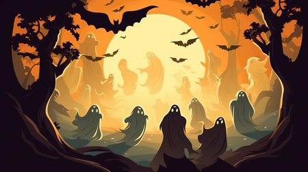 Ghosts in the graveyard in the atmosphere sunset during halloween, illustration, clip art. Generative AIの素材