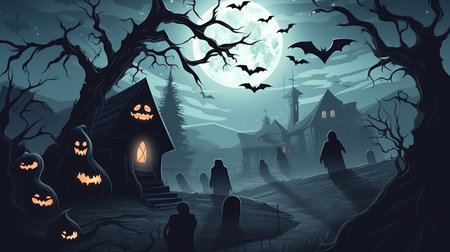 Ghosts in the graveyard in the atmosphere sunset during halloween, illustration, clip art. Generative AIの素材