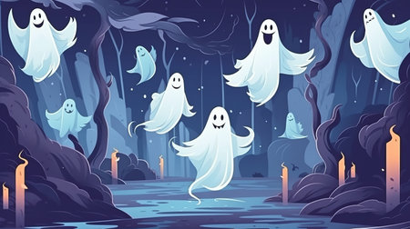 Ghosts in the graveyard in the atmosphere sunset during halloween, illustration, clip art. Generative AIの素材