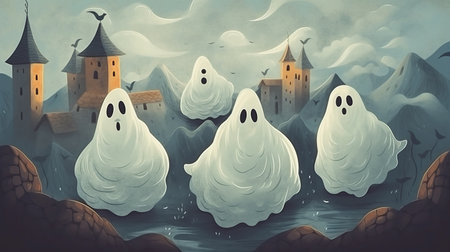 Ghosts in the graveyard in the atmosphere sunset during halloween, illustration, clip art. Generative AIの素材