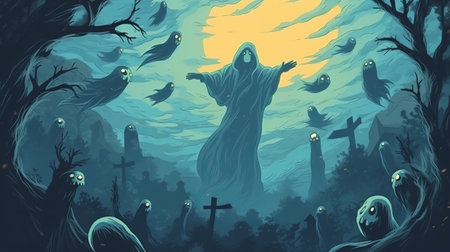 Ghosts in the graveyard in the atmosphere sunset during halloween, illustration, clip art. Generative AIの素材