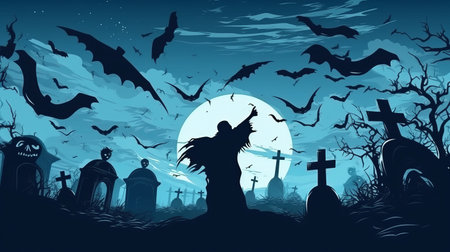 Ghosts in the graveyard in the atmosphere sunset during halloween, illustration, clip art. Generative AIの素材