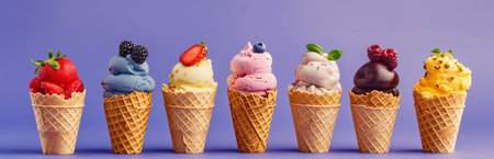 Soft ice cream in a waffle cone with fruits and berries, different colors and fillings. Delicious cold dessert. Neon light minimalist background. Generative AIの素材
