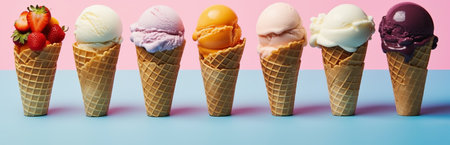 Soft ice cream in a waffle cone with fruits and berries, different colors and fillings. Delicious cold dessert. Neon light minimalist background. Generative AIの素材