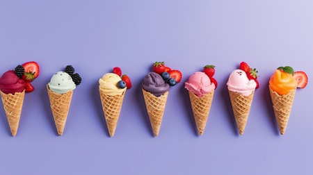 Soft ice cream in a waffle cone with fruits and berries, different colors and fillings. Delicious cold dessert. Neon light minimalist background. Generative AIの素材