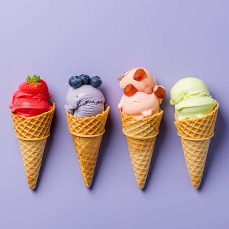 Soft ice cream in a waffle cone with fruits and berries, different colors and fillings. Delicious cold dessert. Neon light minimalist background. Generative AIの素材