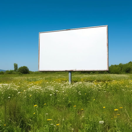 Advertising billboard with space for text in a green meadow and a military ruined city. Huge banner on the street. Generative AIの素材