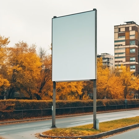 Advertising billboard with space for text in a green meadow and a military ruined city. Huge banner on the street. Generative AIの素材