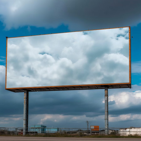 Advertising billboard with space for text in a green meadow and a military ruined city. Huge banner on the street. Generative AIの素材