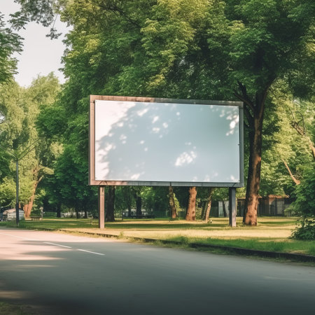 Advertising billboard with space for text in a green meadow and a military ruined city. Huge banner on the street. Generative AIの素材