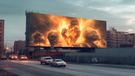 Advertising billboard with space for text in a green meadow and a military ruined city. Huge banner on the street. Generative AIの素材