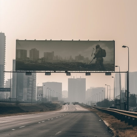 Advertising billboard with space for text in a green meadow and a military ruined city. Huge banner on the street. Generative AIの素材