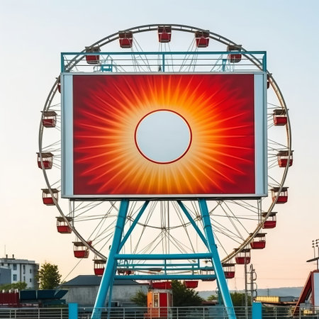 Advertising billboard with space for text in a green meadow and a military ruined city. Huge banner on the street. Generative AIの素材