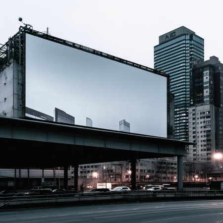 Advertising billboard with space for text in a green meadow and a military ruined city. Huge banner on the street. Generative AIの素材