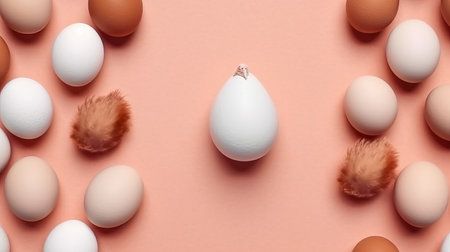 Homemade chicken eggs in hay and a wicker basket with feathers, chicken coop, high-protein dietary product, cooking ingredient Generative AIの素材