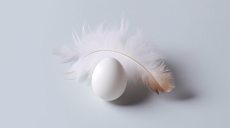 Homemade chicken eggs in hay and a wicker basket with feathers, chicken coop, high-protein dietary product, cooking ingredient Generative AIの素材