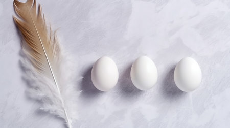 Homemade chicken eggs in hay and a wicker basket with feathers, chicken coop, high-protein dietary product, cooking ingredient Generative AIの素材