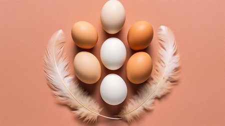 Homemade chicken eggs in hay and a wicker basket with feathers, chicken coop, high-protein dietary product, cooking ingredient Generative AIの素材