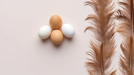Homemade chicken eggs in hay and a wicker basket with feathers, chicken coop, high-protein dietary product, cooking ingredient Generative AIの素材