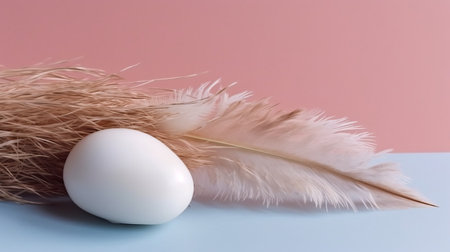 Homemade chicken eggs in hay and a wicker basket with feathers, chicken coop, high-protein dietary product, cooking ingredient Generative AIの素材