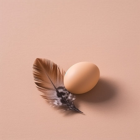 Homemade chicken eggs in hay and a wicker basket with feathers, chicken coop, high-protein dietary product, cooking ingredient Generative AIの素材