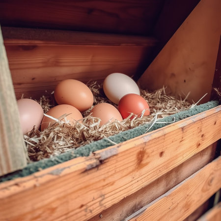 Homemade chicken eggs in hay and a wicker basket with feathers, chicken coop, high-protein dietary product, cooking ingredient Generative AIの素材