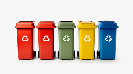 garbage containers for disposal and recycling of waste in different categories. Environmental issues, care for the planet. Sorting of plastic and glass. Generative AIの素材