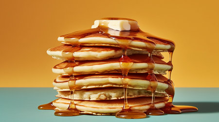 Pancake stack. Lots of fritters on the plate. Hot pastries for breakfast with butter. Against the background of the kitchen. flour calorie product, Shrovetide (pancake day)の素材