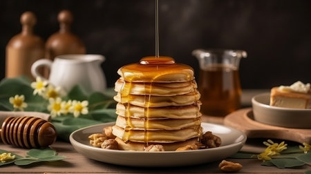 pancakes with honey. Lots of fritters on the plate. Hot pastries for breakfast. Against the background of the kitchen. flour high-calorie product, Shrovetide. Generative AIの素材