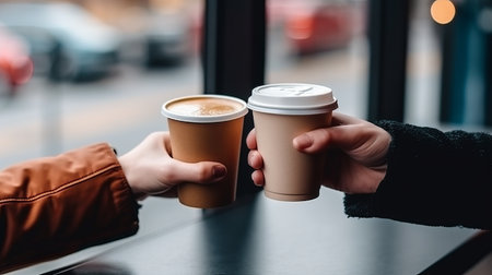 Takeaway coffee in a disposable paper cup is passed from hand to hand. An invitation to a date in a coffee shop. Hot drinks outside. Generative AIの素材