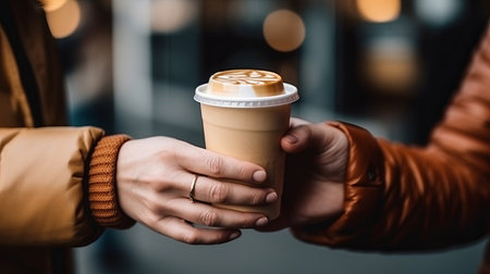 Takeaway coffee in a disposable paper cup is passed from hand to hand. An invitation to a date in a coffee shop. Hot drinks outside. Generative AIの素材