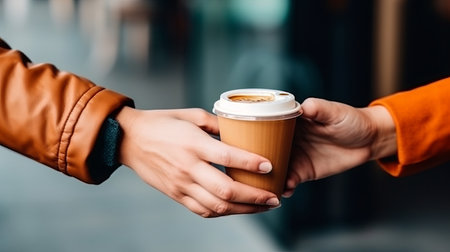 Takeaway coffee in a disposable paper cup is passed from hand to hand. An invitation to a date in a coffee shop. Hot drinks outside. Generative AIの素材