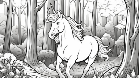 Children's coloring with a unicorn, black and white graphics with a curly pattern. The development of motor skills of children with drawings. Generative AIの素材