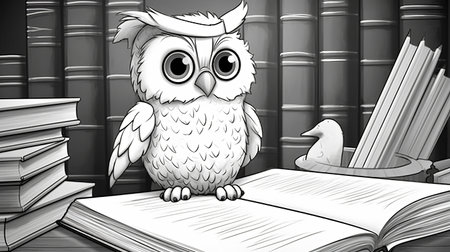 Children's coloring book with an owl, black and white graphics with a curly pattern. The development of motor skills of children with drawings. Generative AIの素材