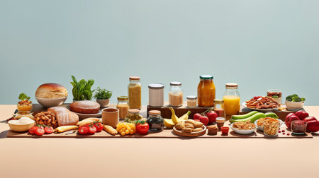 Healthy diet food, ingredients layout for cooking, keto products. plant food. Banner with place for text. Minimalistic monochrome background. Generative AIの素材