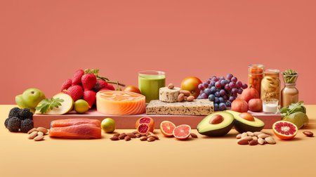 Healthy diet food, ingredients layout for cooking, keto products. plant food. Banner with place for text. Minimalistic monochrome background. Generative AIの素材