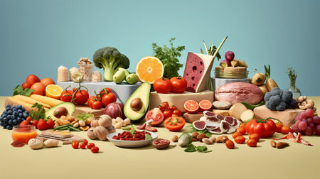 Healthy diet food, ingredients layout for cooking, keto products. plant food. Banner with place for text. Minimalistic monochrome background. Generative AIの素材