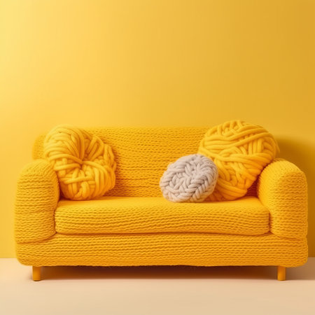 Furniture and decor made of threads of yellow yarn. room design. Generative AIの素材