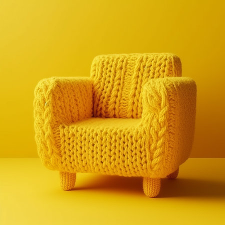 Furniture and decor made of threads of yellow yarn. room design. Generative AIの素材