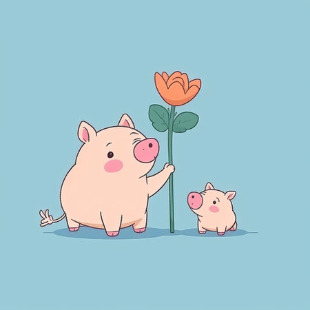Postcard baby animal gives a flower to mom. illustrative minimalistic image. Concept: happy mother's day expression of love and appreciation Generative AIの素材