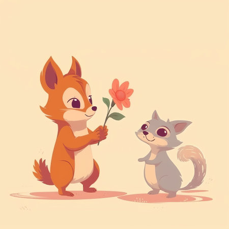 Postcard baby animal gives a flower to mom. illustrative minimalistic image. Concept: happy mother's day expression of love and appreciation Generative AIの素材