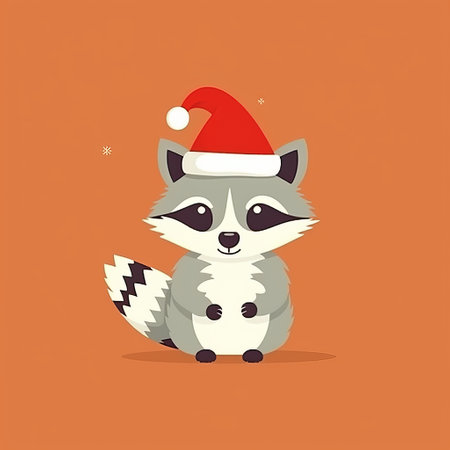 A raccoon in a Christmas hat with a gift in its paws. illustrative minimalistic image. Concept: greeting card for christmas and new year. Generative AIの素材