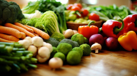 Laid out products on a showcase with vegetables and root crops. A counter with greens in a supermarket store. shopping in the market. Banner. Place for text. Generative AIの素材