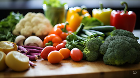 Laid out products on a showcase with vegetables and root crops. A counter with greens in a supermarket store. shopping in the market. Banner. Place for text. Generative AIの素材